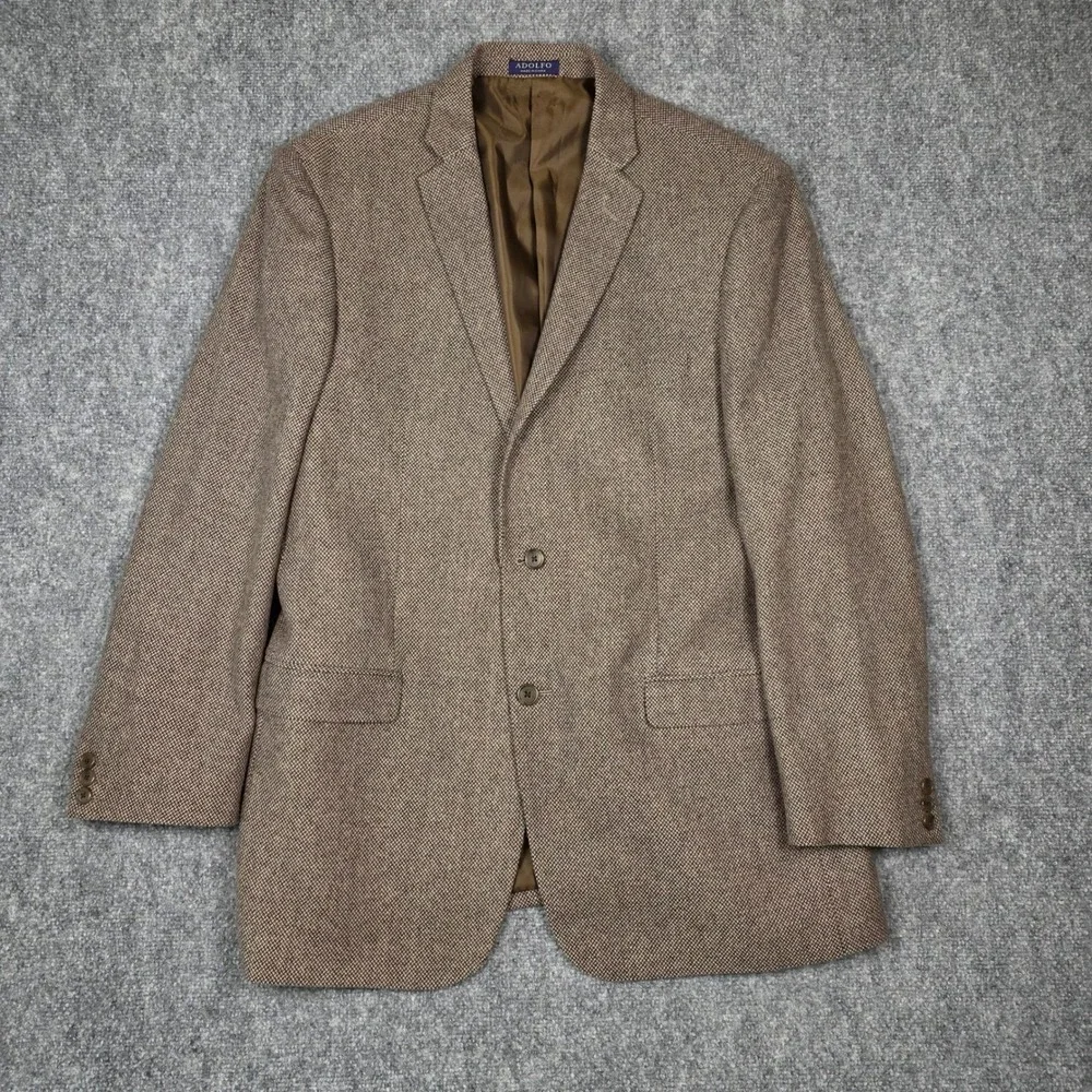 Adolfo Blazer Mens 44L Brown Herringbone Tweed Lambswool Sport Coat‎ Classic Vtg